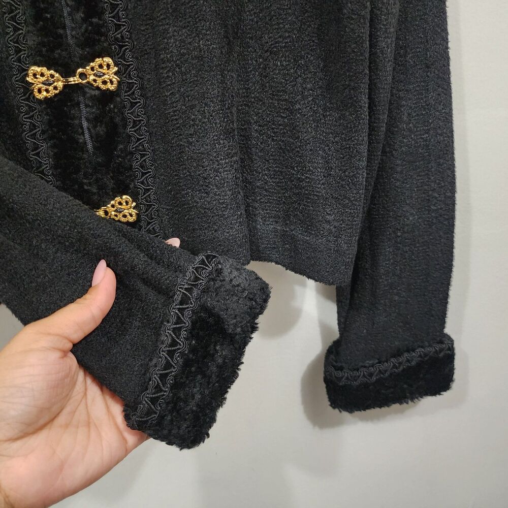 Vtg St John Marie Gray Chenille Boucle Cardigan Sweater Black Gold Zipper Knit 8 - Picture 10 of 11